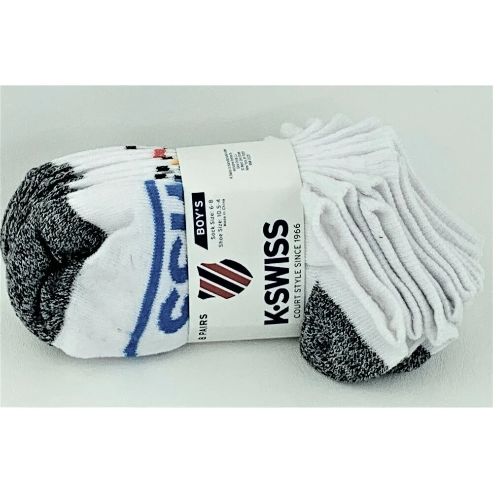 K Swiss Boys 8 Pairs Low Cut Socks White w Color Size 6-8 / Shoe Size 10.5-4